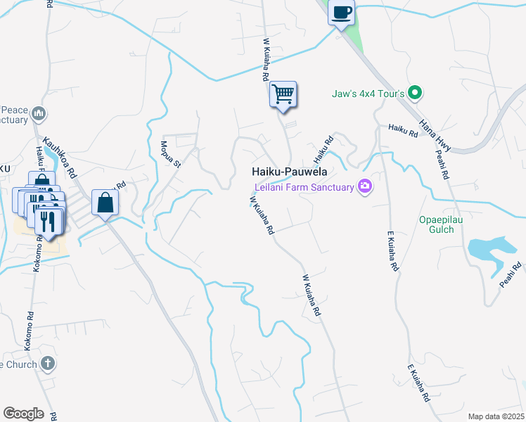 map of restaurants, bars, coffee shops, grocery stores, and more near 601 West Kuiaha Road in Haiku-Pauwela