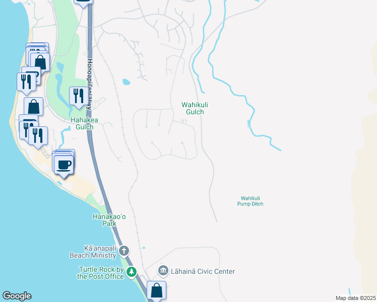 map of restaurants, bars, coffee shops, grocery stores, and more near 50 Lewa Lani Place in Lahaina