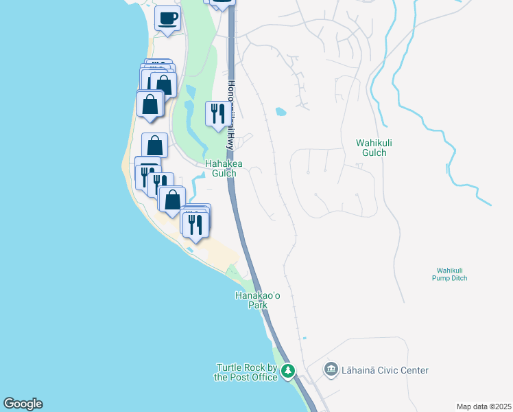 map of restaurants, bars, coffee shops, grocery stores, and more near 116 Halelo Street in Lahaina