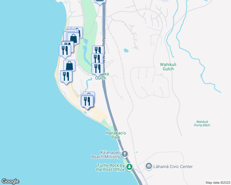 map of restaurants, bars, coffee shops, grocery stores, and more near 116 Halelo Street in Lahaina