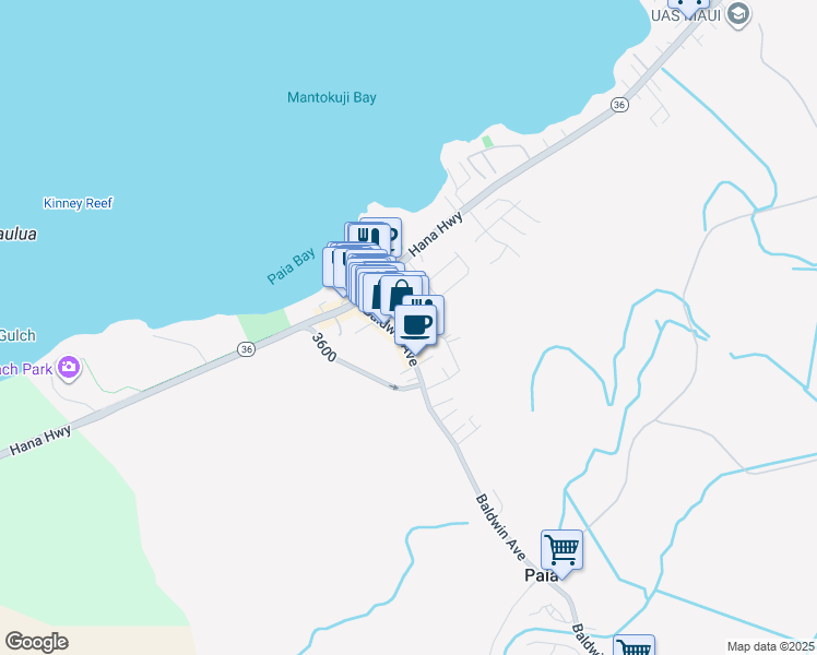 map of restaurants, bars, coffee shops, grocery stores, and more near 71 Baldwin Avenue in Paia