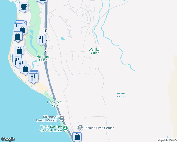 map of restaurants, bars, coffee shops, grocery stores, and more near 51 Lewa Lani Place in Lahaina