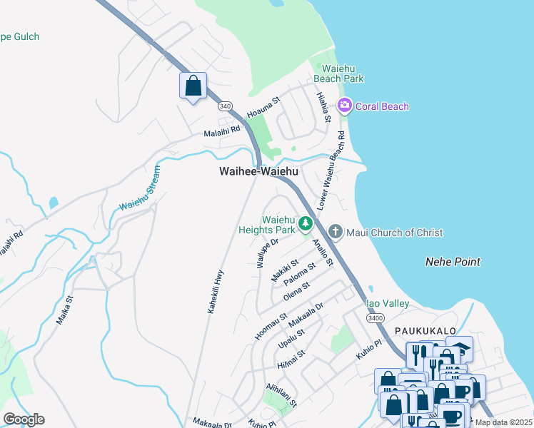 map of restaurants, bars, coffee shops, grocery stores, and more near 961 Lekeona Loop in Wailuku