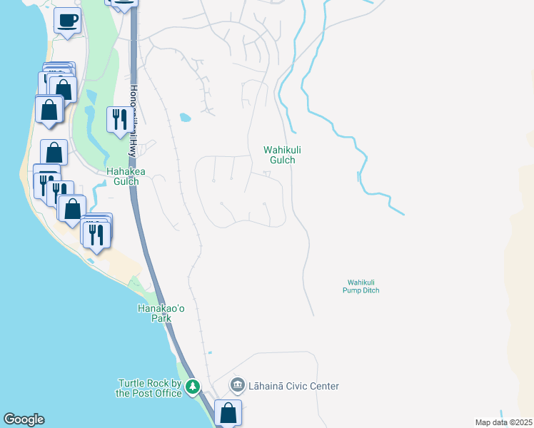 map of restaurants, bars, coffee shops, grocery stores, and more near 90 Lewa Lani Place in Lahaina