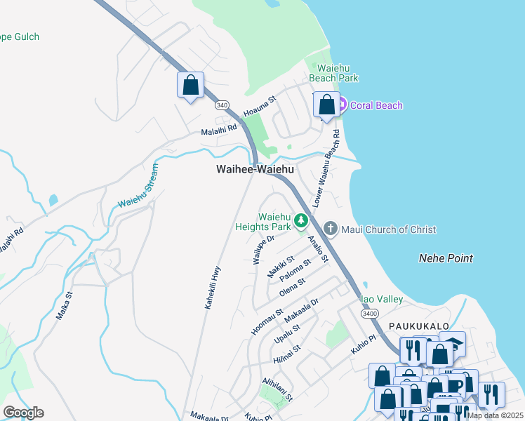 map of restaurants, bars, coffee shops, grocery stores, and more near 961 Lekeona Loop in Wailuku