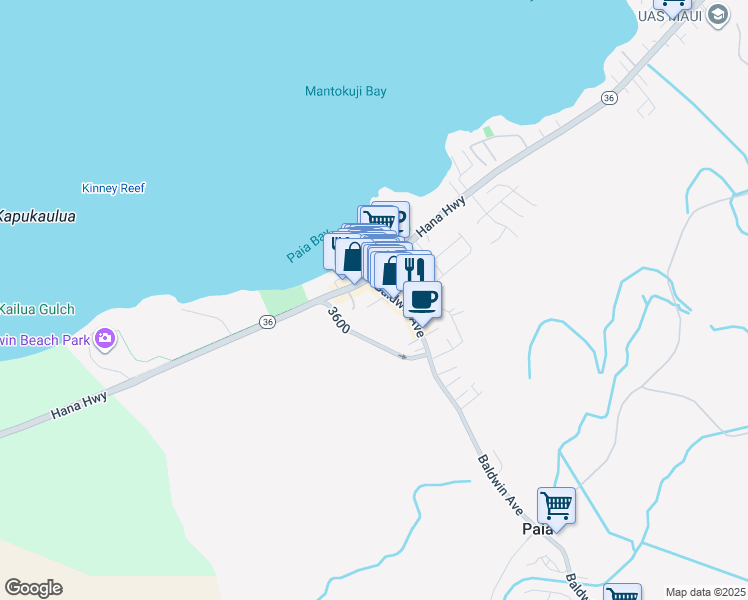 map of restaurants, bars, coffee shops, grocery stores, and more near 22 Akoni Place in Paia
