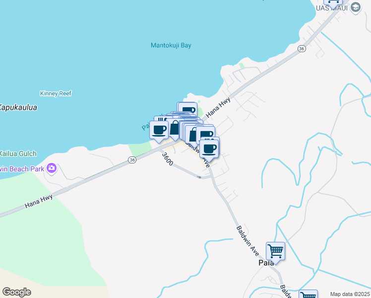 map of restaurants, bars, coffee shops, grocery stores, and more near 22 Akoni Place in Paia