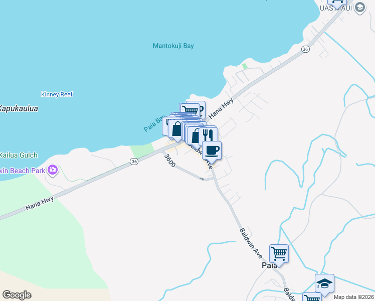 map of restaurants, bars, coffee shops, grocery stores, and more near 22 Akoni Place in Paia