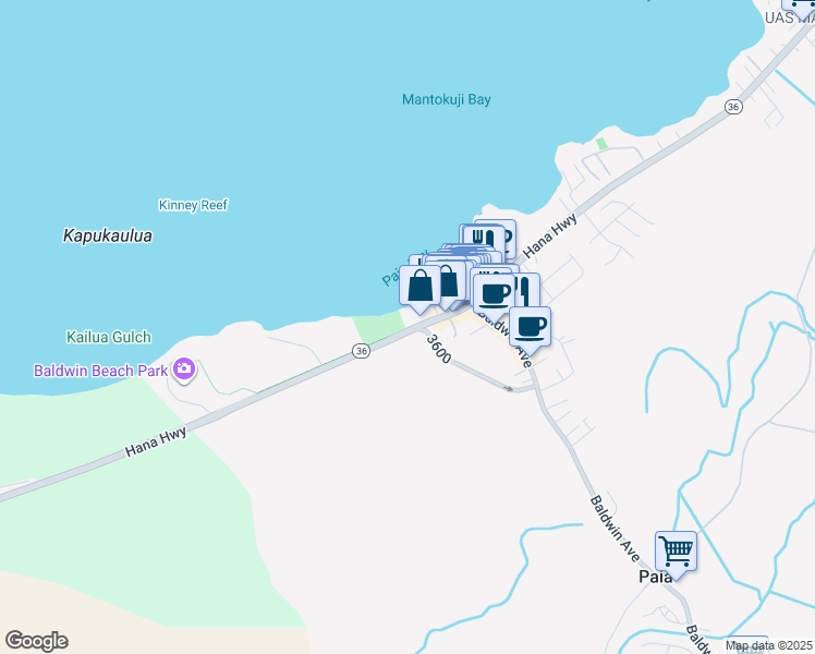 map of restaurants, bars, coffee shops, grocery stores, and more near 29 Hana Highway in Paia