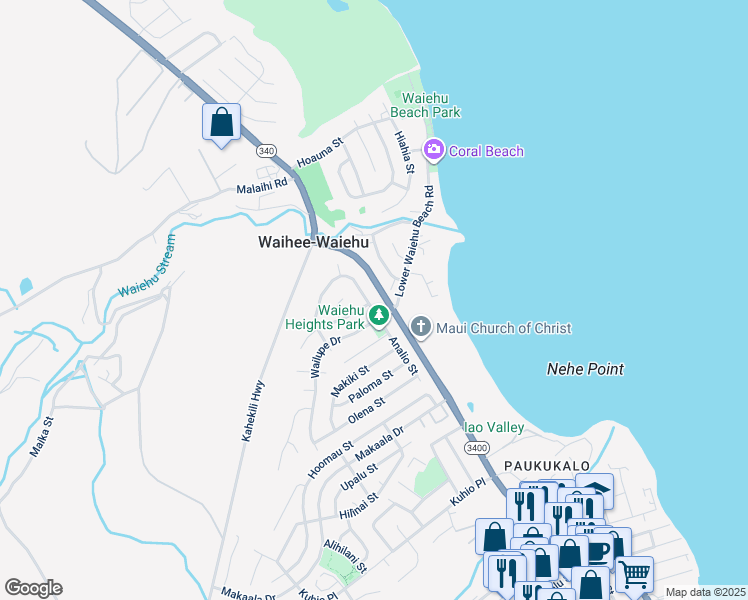 map of restaurants, bars, coffee shops, grocery stores, and more near 860 Lekeona Loop in Wailuku