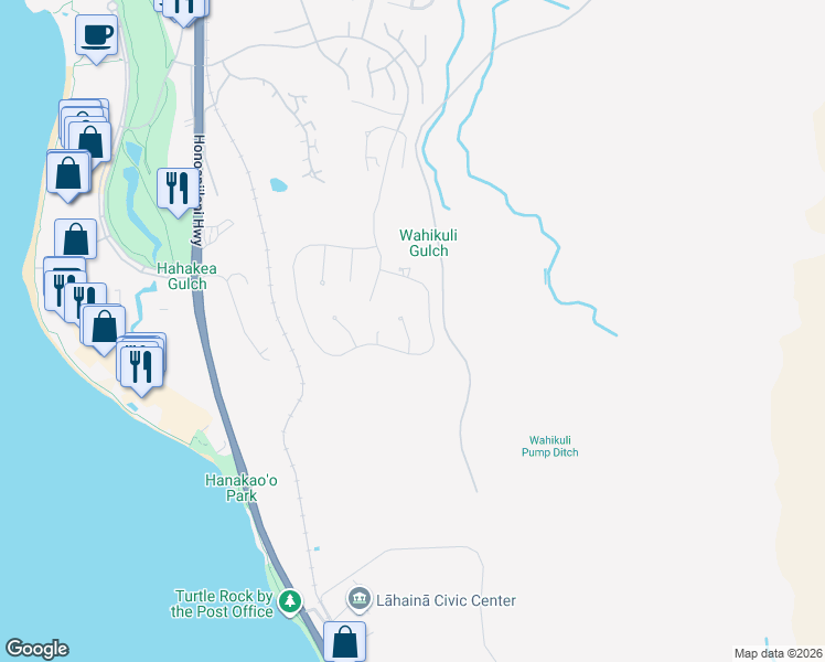 map of restaurants, bars, coffee shops, grocery stores, and more near 70 Lewa Lani Place in Lahaina