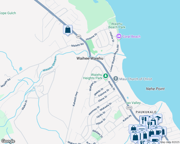 map of restaurants, bars, coffee shops, grocery stores, and more near 960 Lekeona Loop in Wailuku