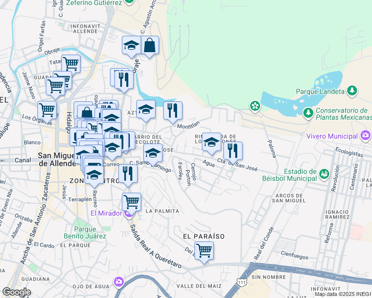 map of restaurants, bars, coffee shops, grocery stores, and more near 4 Antiguo Camino Real a Querétaro in San Miguel de Allende