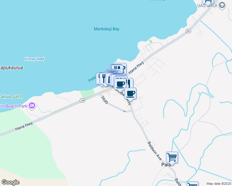 map of restaurants, bars, coffee shops, grocery stores, and more near 18 Akoni Place in Paia