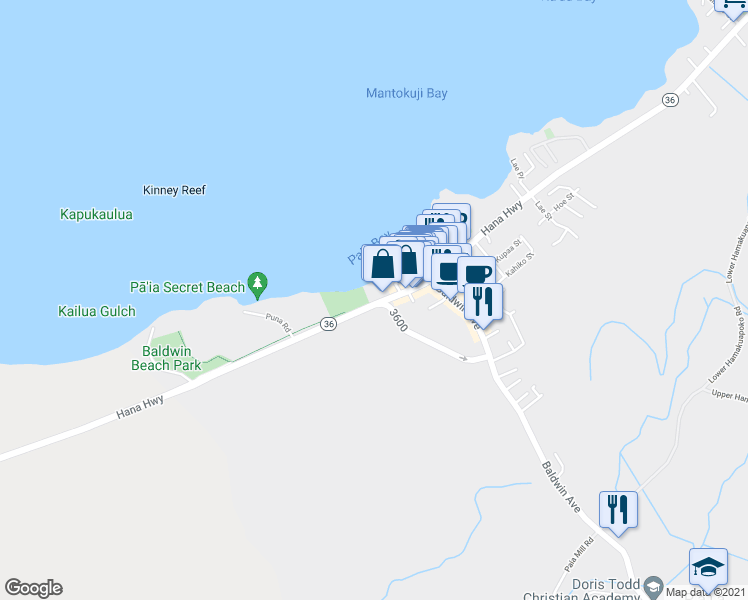 map of restaurants, bars, coffee shops, grocery stores, and more near 29 Hana Highway in Paia