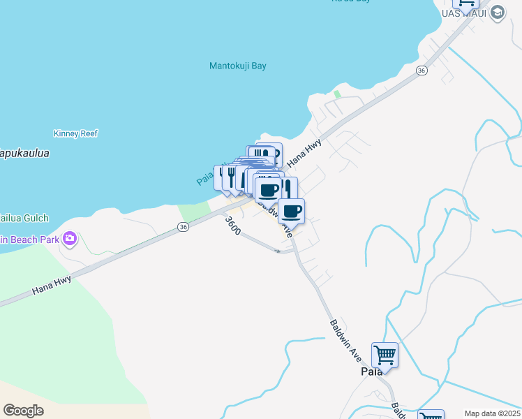 map of restaurants, bars, coffee shops, grocery stores, and more near 14 Akoni Place in Paia