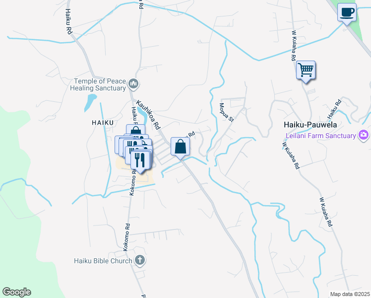 map of restaurants, bars, coffee shops, grocery stores, and more near 26 Hale Lio Place in Haiku-Pauwela