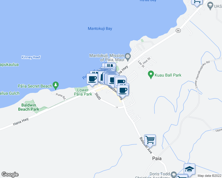 map of restaurants, bars, coffee shops, grocery stores, and more near 30 Baldwin Avenue in Paia