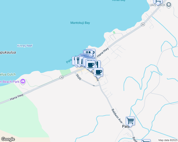 map of restaurants, bars, coffee shops, grocery stores, and more near 30 Baldwin Avenue in Paia