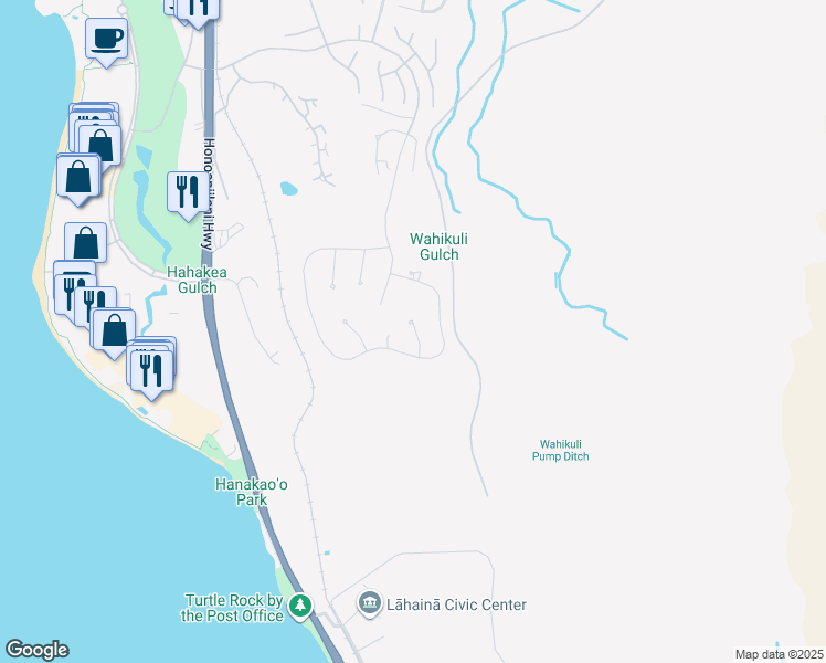 map of restaurants, bars, coffee shops, grocery stores, and more near 50 Lewa Lani Place in Lahaina