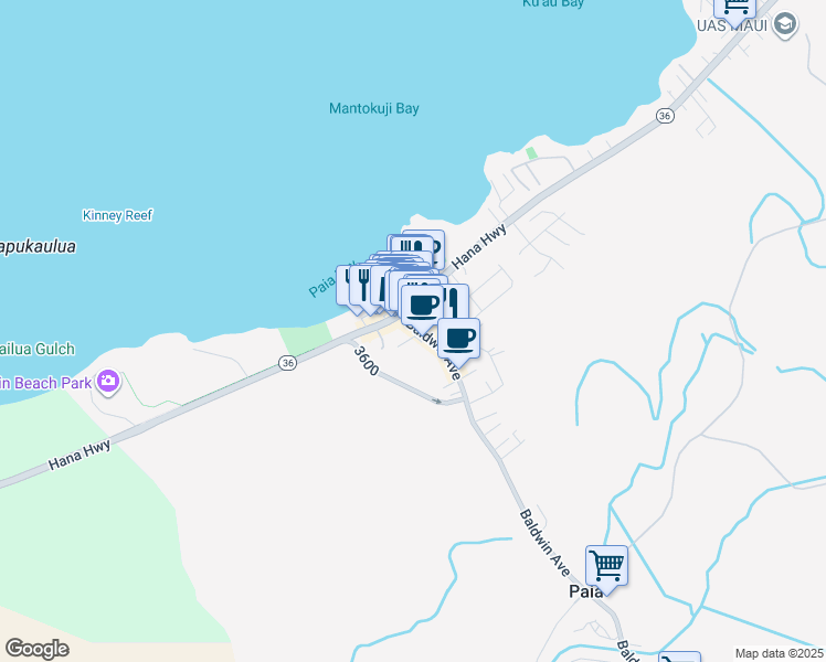 map of restaurants, bars, coffee shops, grocery stores, and more near 26 Baldwin Avenue in Paia