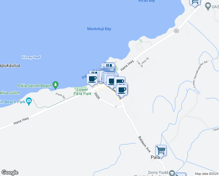 map of restaurants, bars, coffee shops, grocery stores, and more near 26 Baldwin Avenue in Paia