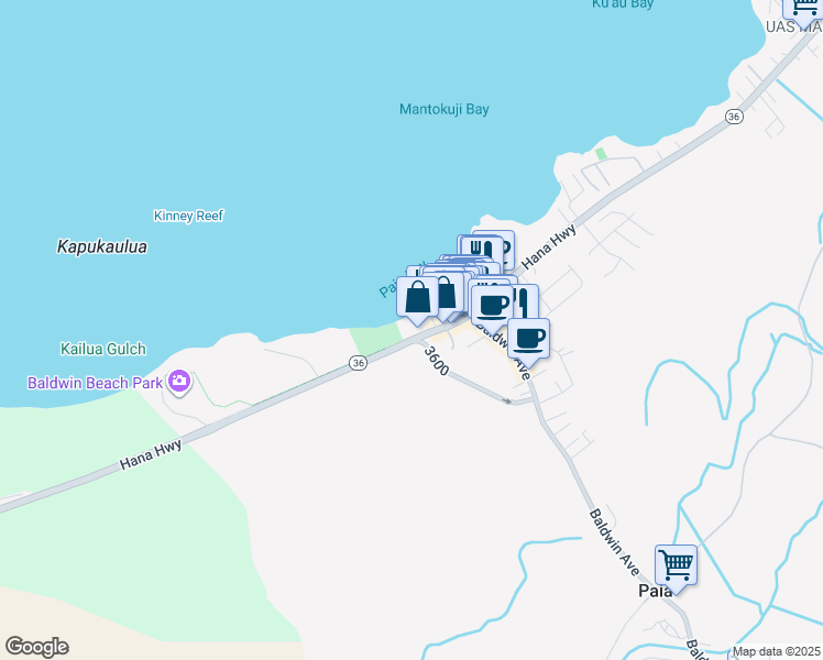 map of restaurants, bars, coffee shops, grocery stores, and more near 33 Hana Highway in Paia