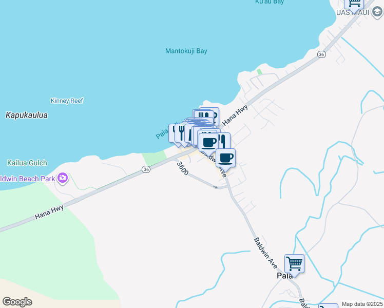 map of restaurants, bars, coffee shops, grocery stores, and more near 88 Hana Highway in Paia