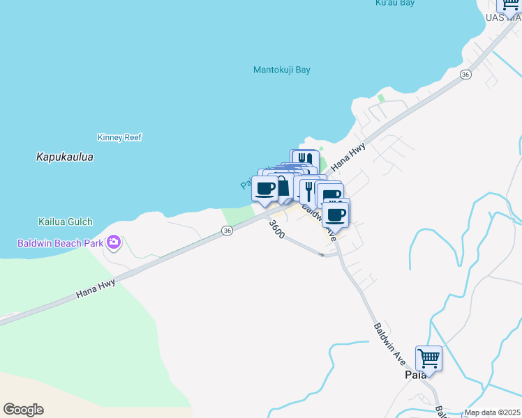 map of restaurants, bars, coffee shops, grocery stores, and more near 33 Hana Highway in Paia