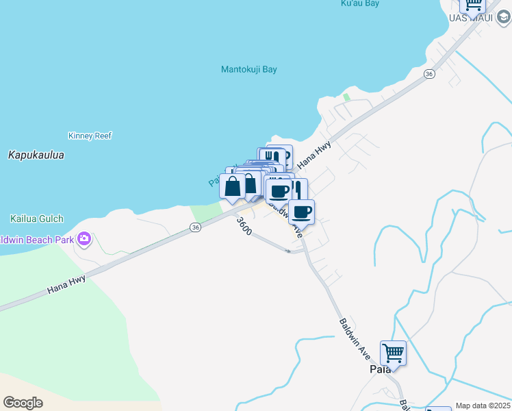 map of restaurants, bars, coffee shops, grocery stores, and more near 88 Hana Highway in Paia