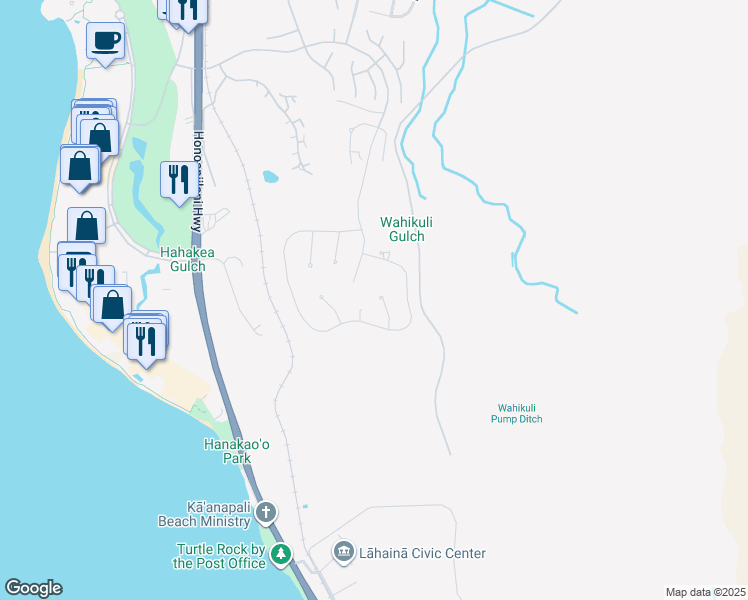 map of restaurants, bars, coffee shops, grocery stores, and more near 91 Lewa Lani Place in Lahaina