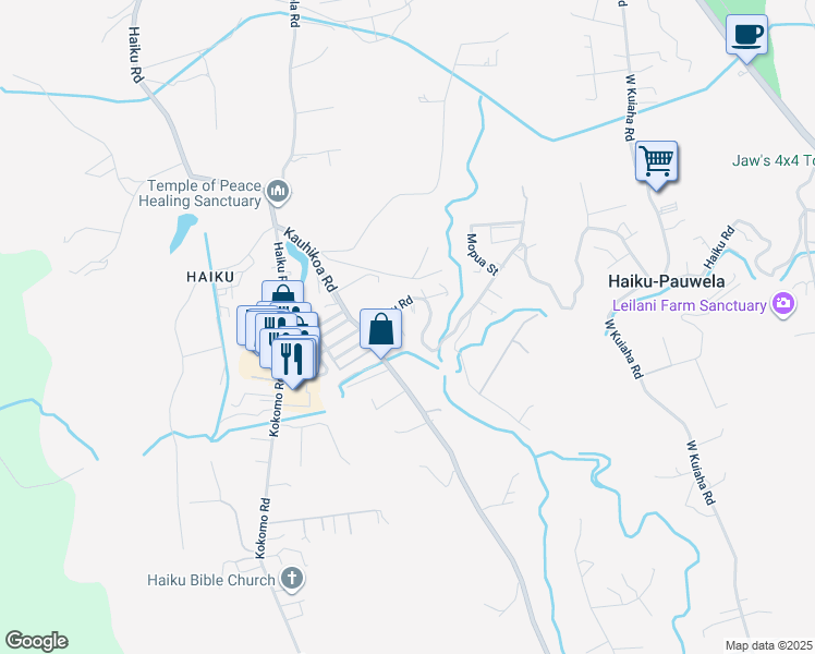 map of restaurants, bars, coffee shops, grocery stores, and more near 25 Hale Lio Place in Haiku-Pauwela