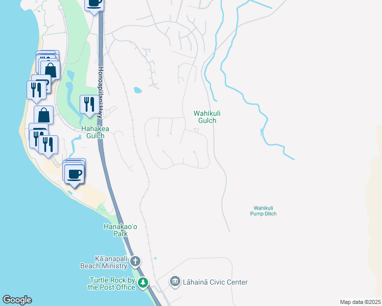 map of restaurants, bars, coffee shops, grocery stores, and more near 91 Lewa Lani Place in Lahaina