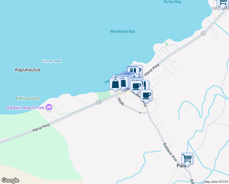 map of restaurants, bars, coffee shops, grocery stores, and more near 33 Hana Highway in Paia