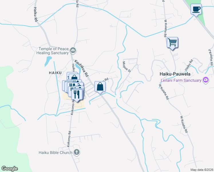 map of restaurants, bars, coffee shops, grocery stores, and more near 25 Hale Lio Place in Haiku-Pauwela