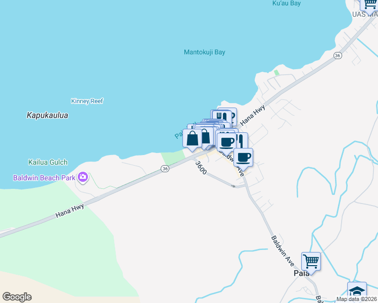 map of restaurants, bars, coffee shops, grocery stores, and more near 33 Hana Highway in Paia