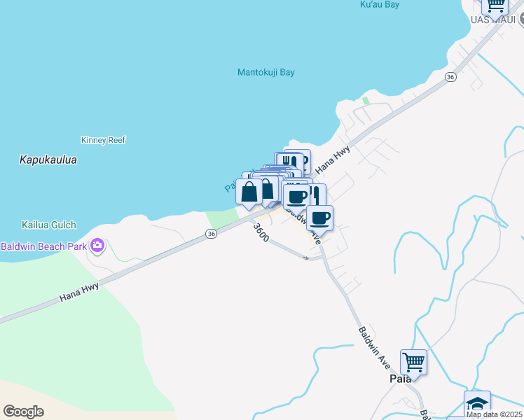 map of restaurants, bars, coffee shops, grocery stores, and more near 69 Hana Highway in Paia