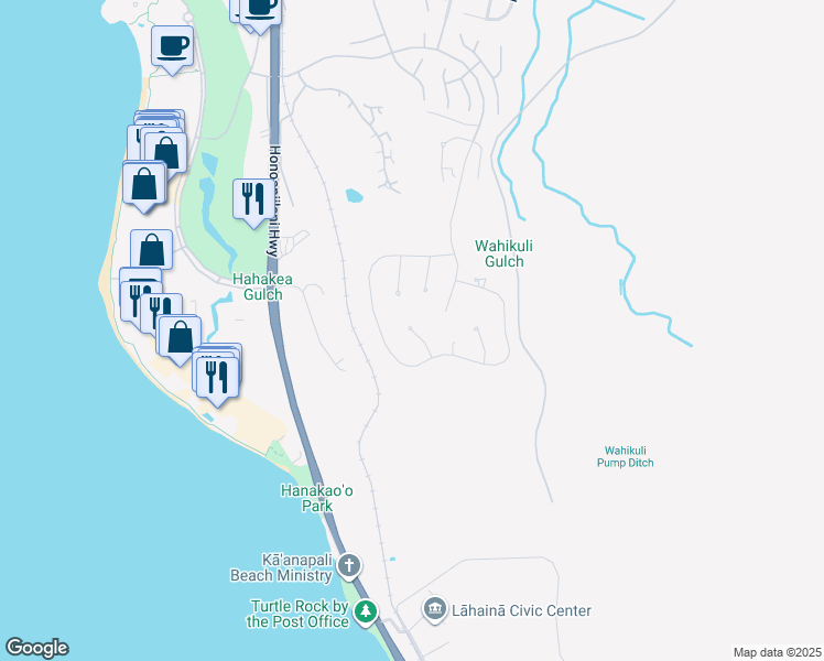 map of restaurants, bars, coffee shops, grocery stores, and more near 121 Keahilele Place in Kaanapali