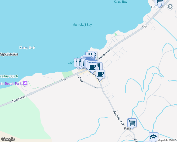 map of restaurants, bars, coffee shops, grocery stores, and more near 12 Baldwin Avenue in Paia