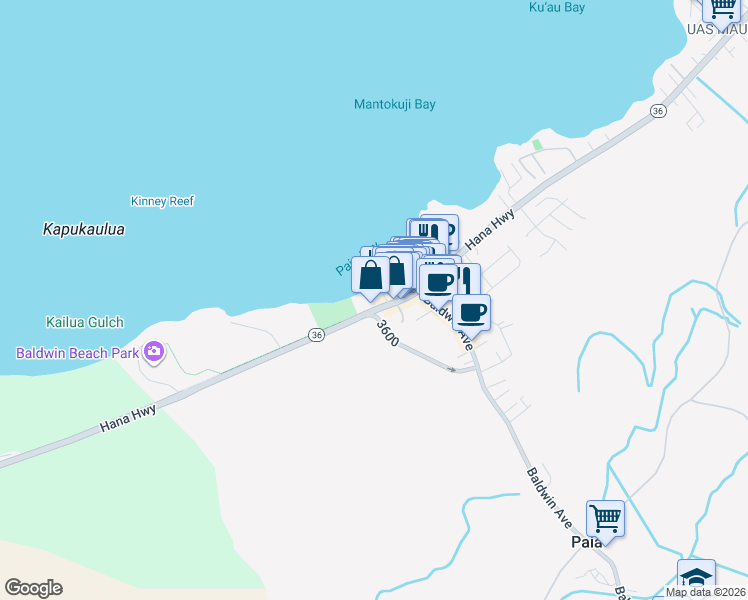 map of restaurants, bars, coffee shops, grocery stores, and more near 49 Hana Highway in Hana
