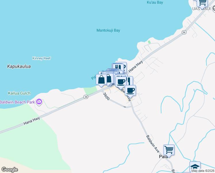map of restaurants, bars, coffee shops, grocery stores, and more near 75 Hana Highway in Paia