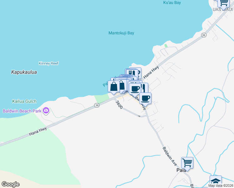 map of restaurants, bars, coffee shops, grocery stores, and more near 65 Hana Highway in Paia