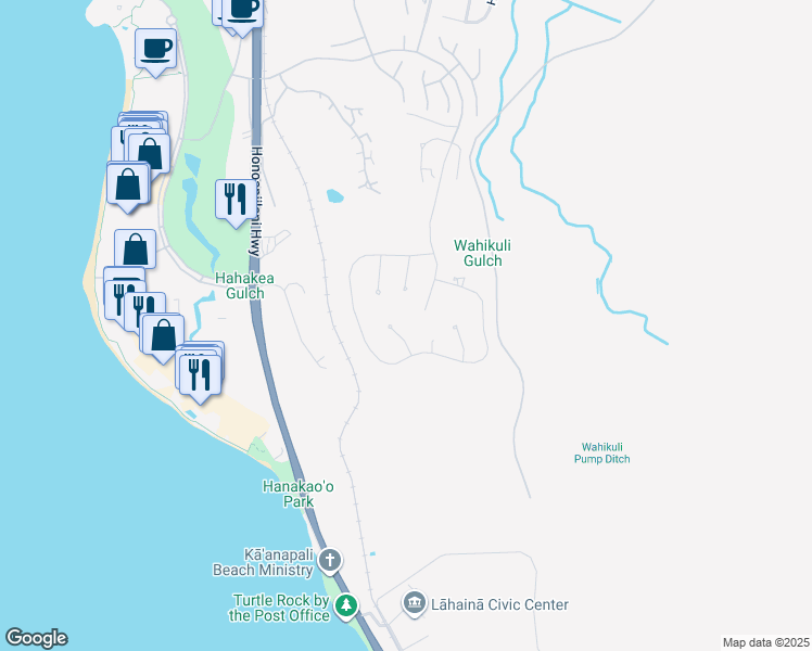 map of restaurants, bars, coffee shops, grocery stores, and more near 68 Keahilele Place in Kaanapali