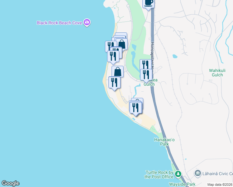 map of restaurants, bars, coffee shops, grocery stores, and more near 100 Nohea Kai Drive in Lahaina