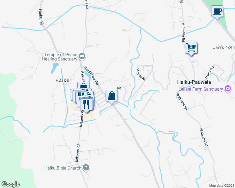 map of restaurants, bars, coffee shops, grocery stores, and more near 21 Hale Lio Place in Haiku-Pauwela