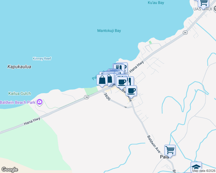 map of restaurants, bars, coffee shops, grocery stores, and more near 75 Hana Highway in Paia