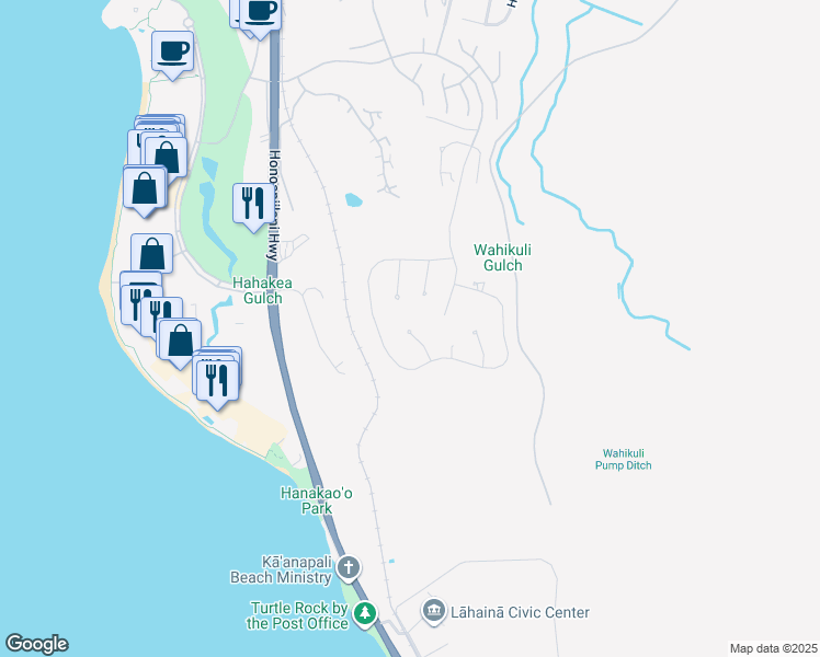 map of restaurants, bars, coffee shops, grocery stores, and more near 108 Keahilele Place in Lahaina