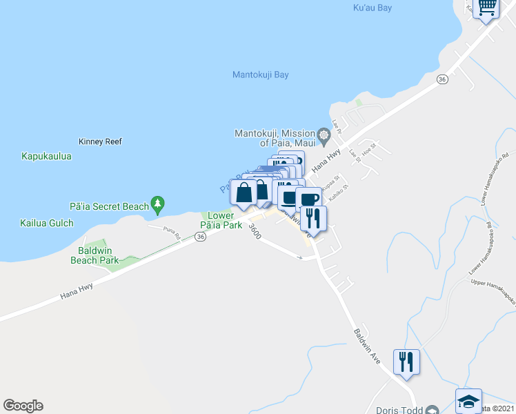 map of restaurants, bars, coffee shops, grocery stores, and more near 20 Ae Pl in Paia