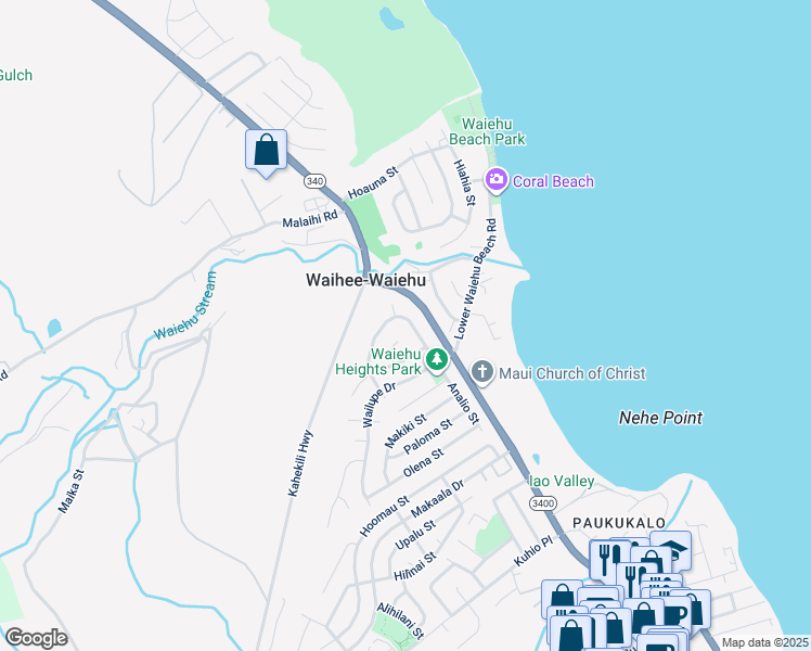 map of restaurants, bars, coffee shops, grocery stores, and more near 895 Lekeona Loop in Wailuku