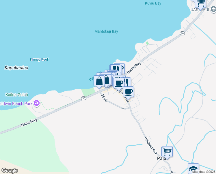 map of restaurants, bars, coffee shops, grocery stores, and more near 93 Hana Highway in Paia